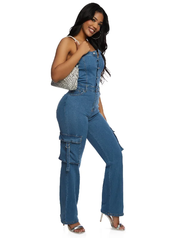 Daisy Denim Strapless Cargo Pocket Jumpsuit