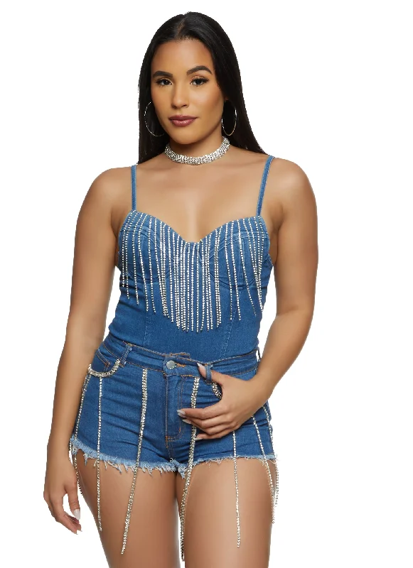 Haute Monde Rhinestone Fringe Denim Bodysuit