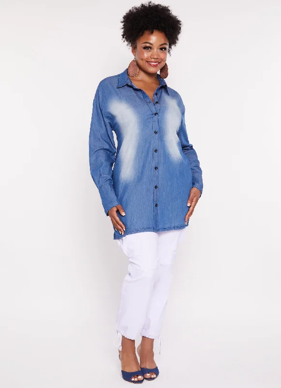 Plus Size Denim Open Tie Back Button Front Shirt