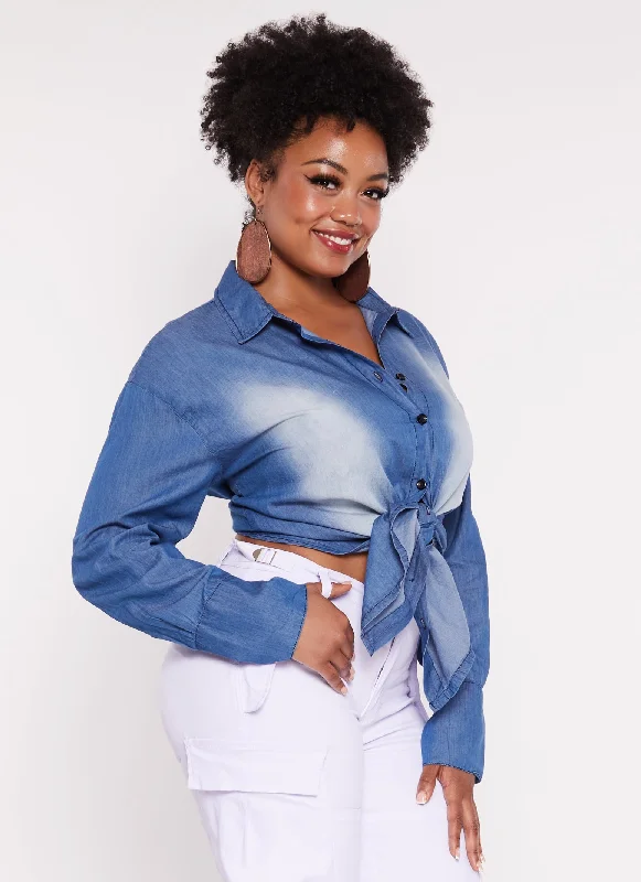 Plus Size Denim Open Tie Back Button Front Shirt