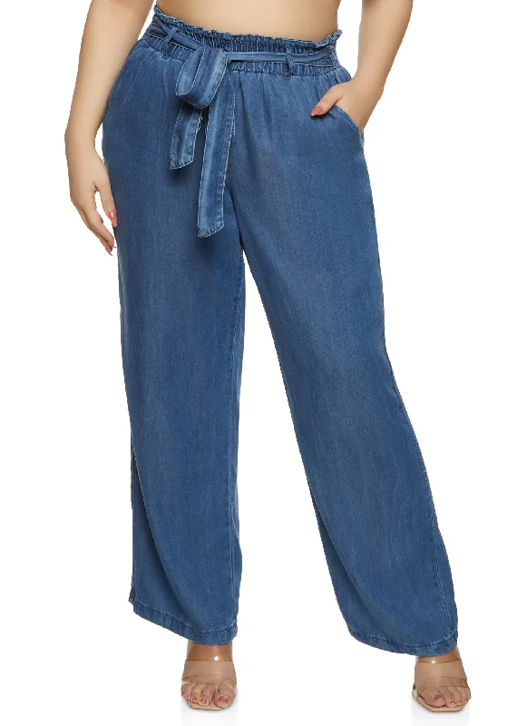 Plus Size WAX Denim Paperbag Wide Leg Pants