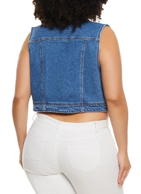 Plus Size WAX Distressed Cropped Denim Vest