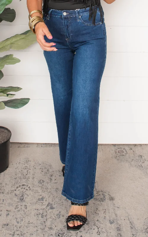 Mid Rise Dark Wash Wide Leg Denim Jeans - Risen - Final Sale