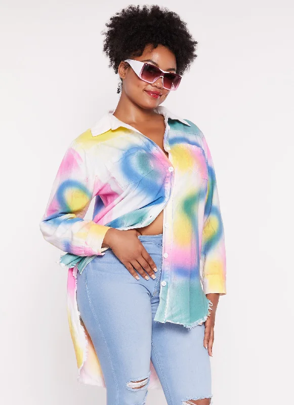 Plus Size Denim Graffiti Print Button Front High Low Shirt