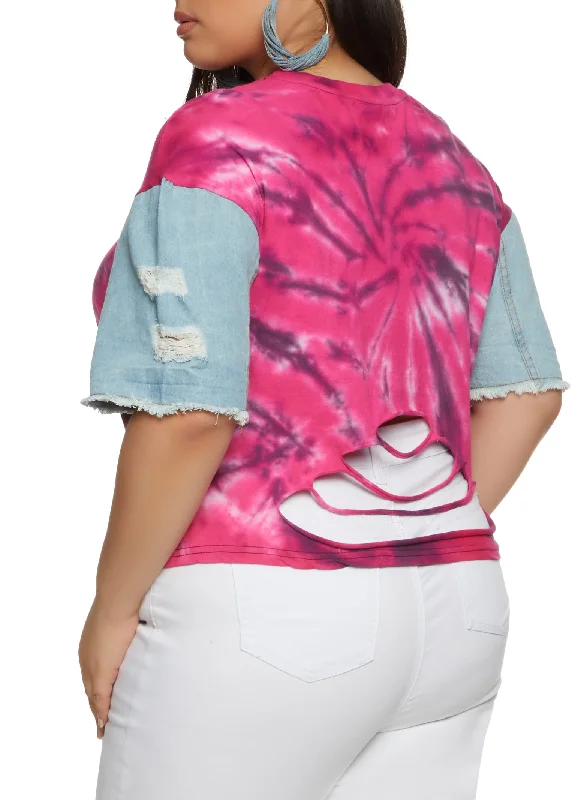 Plus Size Denim Sleeve Tie Dye Slashed T Shirt