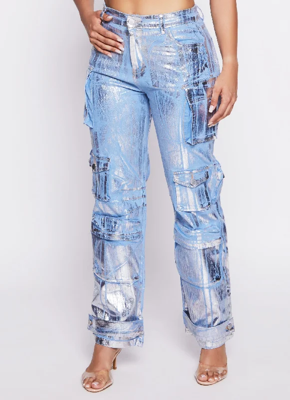 Daisy Foil Screen Wide Leg Cargo Jeans