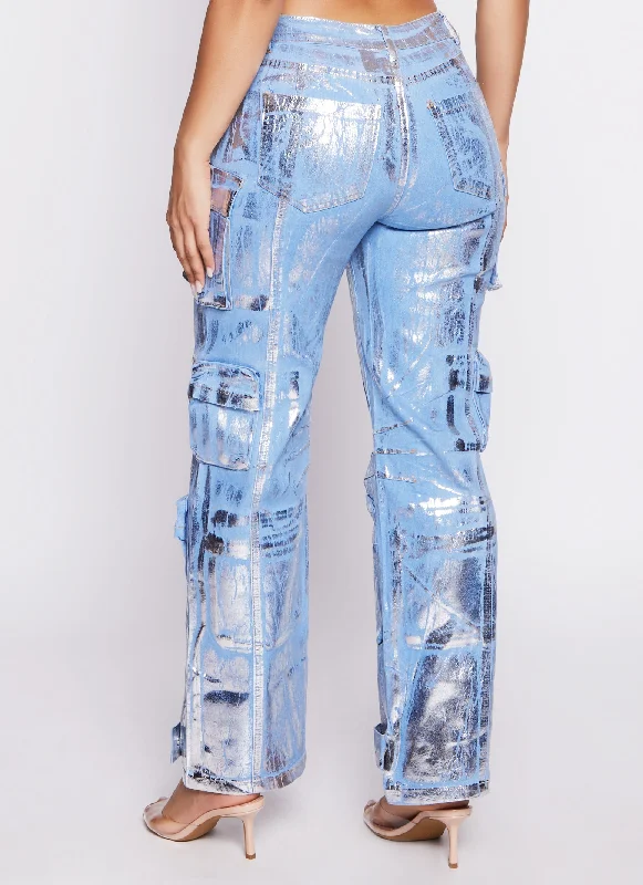 Daisy Foil Screen Wide Leg Cargo Jeans