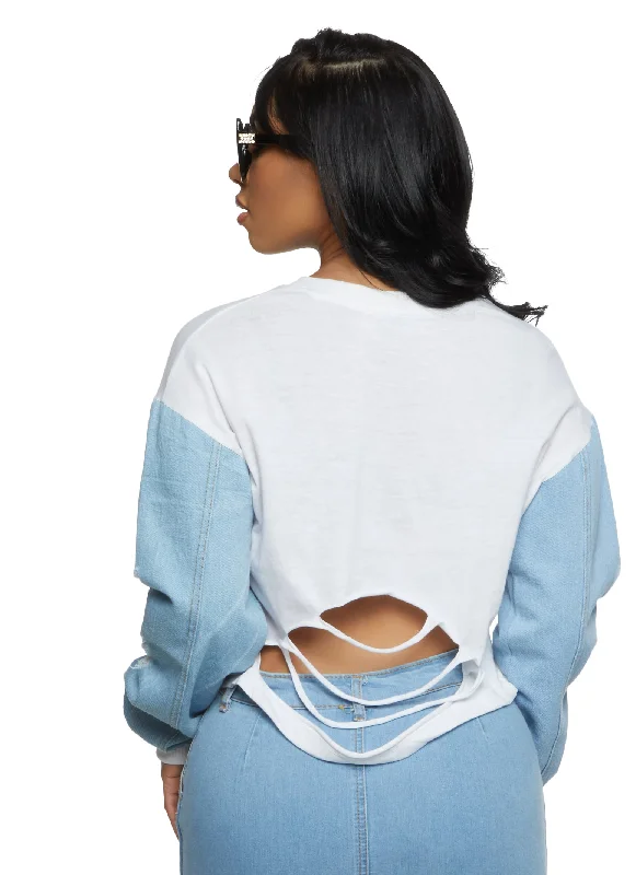 Thou Shall Not Try Me Denim Distressed Sleeve Crop Top