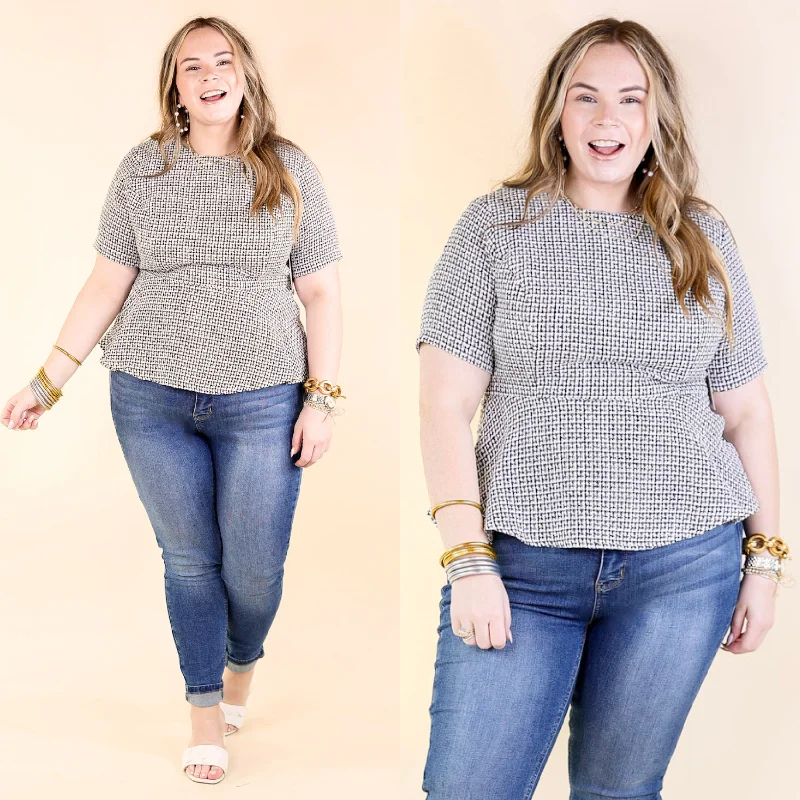 Back and Better Tweed Peplum Top with Short Sleeves in Black and White