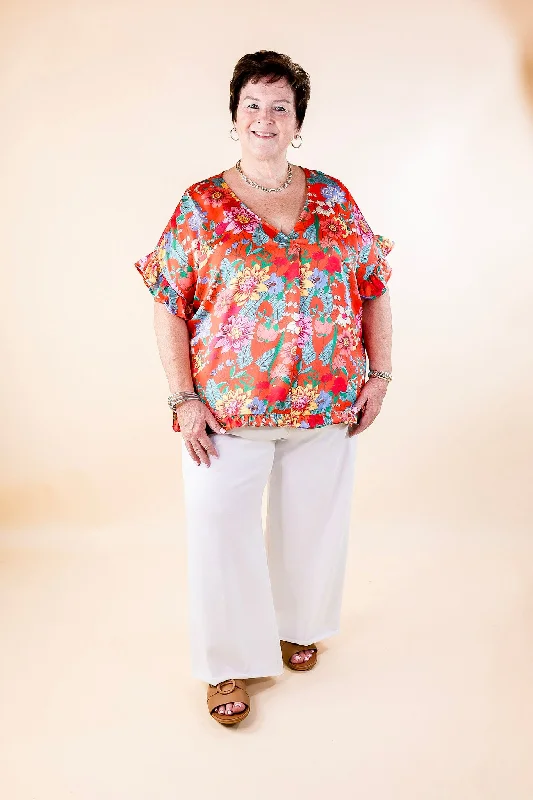 Blissful Mindset Floral V Neck Top with Short Ruffle Sleeves in Orange