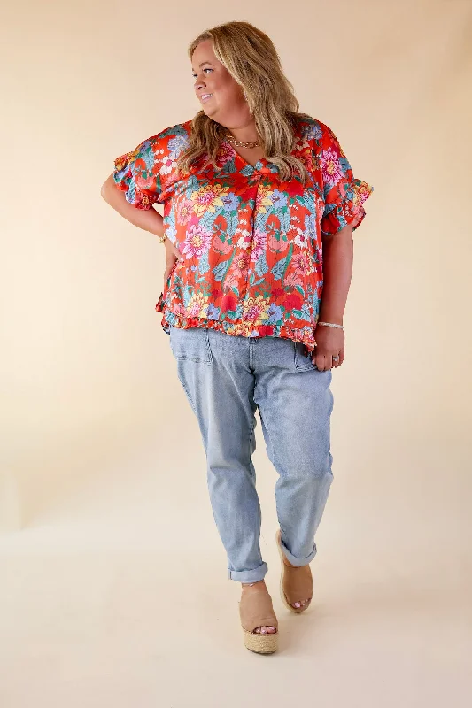 Blissful Mindset Floral V Neck Top with Short Ruffle Sleeves in Orange