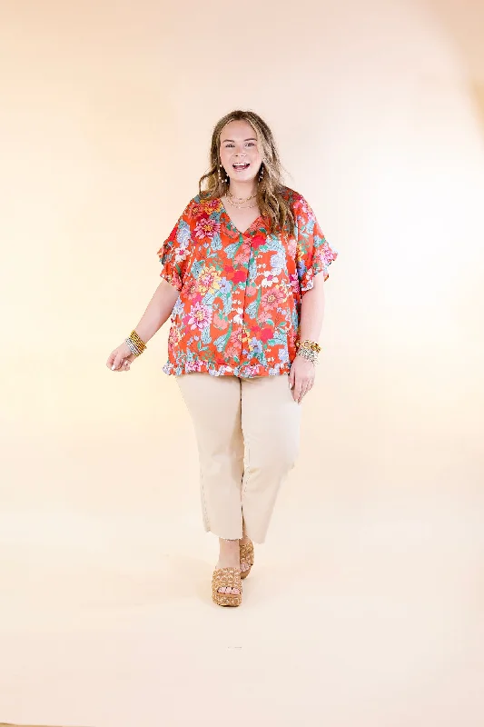 Blissful Mindset Floral V Neck Top with Short Ruffle Sleeves in Orange