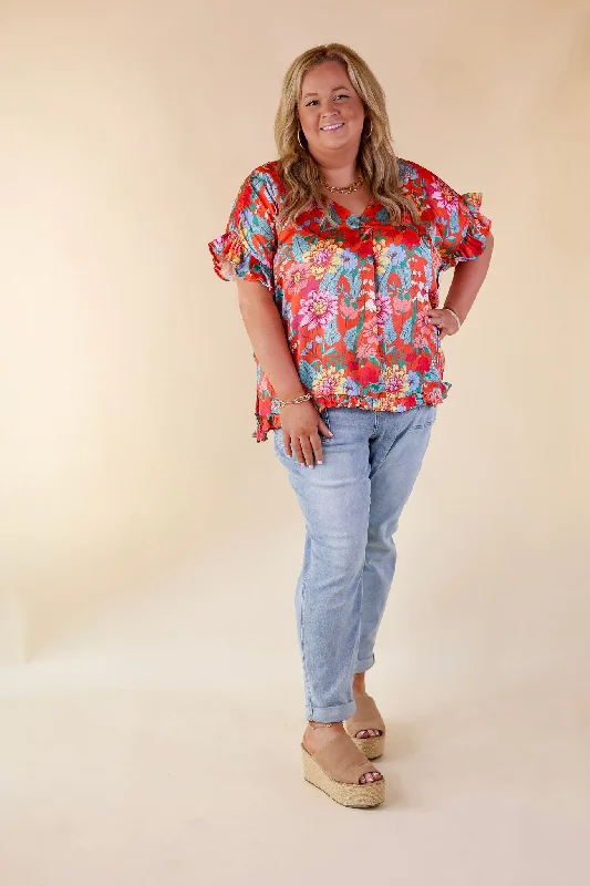 Blissful Mindset Floral V Neck Top with Short Ruffle Sleeves in Orange