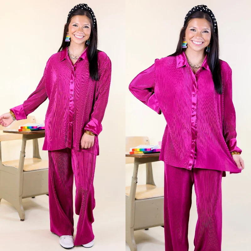 Dazzling Satin Plissé Ribbed Button Up Top in Magenta