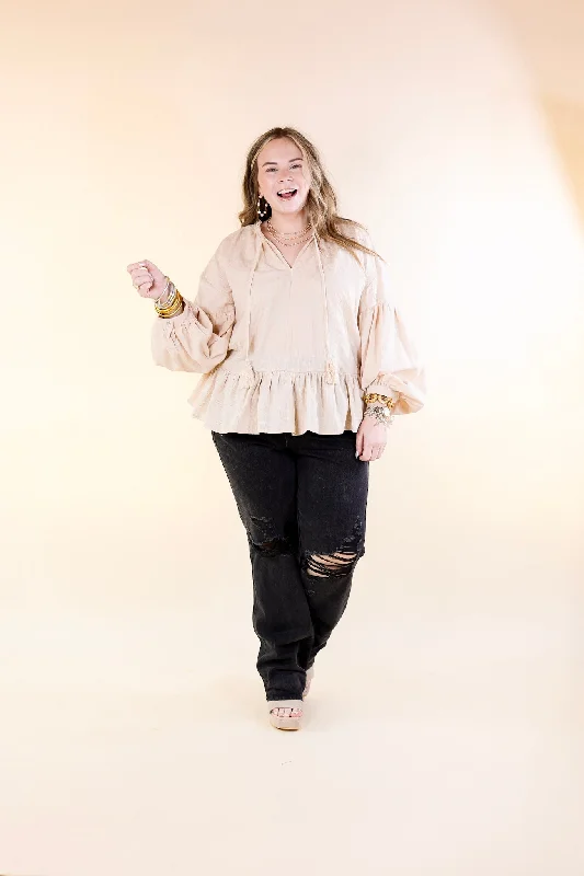 Free Fallin' Textured Long Sleeve Peplum Top with Keyhole Front in Beige