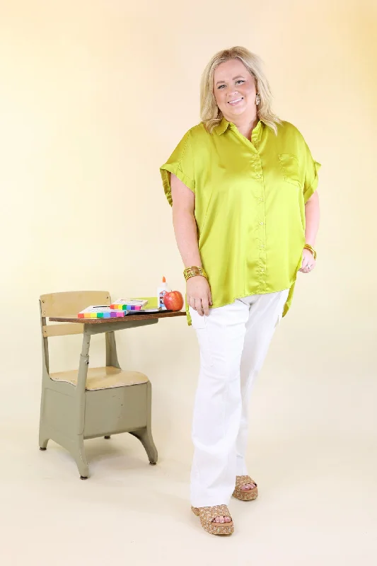 Free To Be Fab Button Up Short Sleeve Top in Chartreuse Green