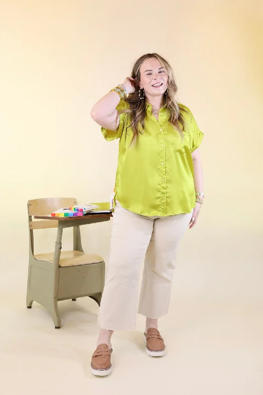 Free To Be Fab Button Up Short Sleeve Top in Chartreuse Green