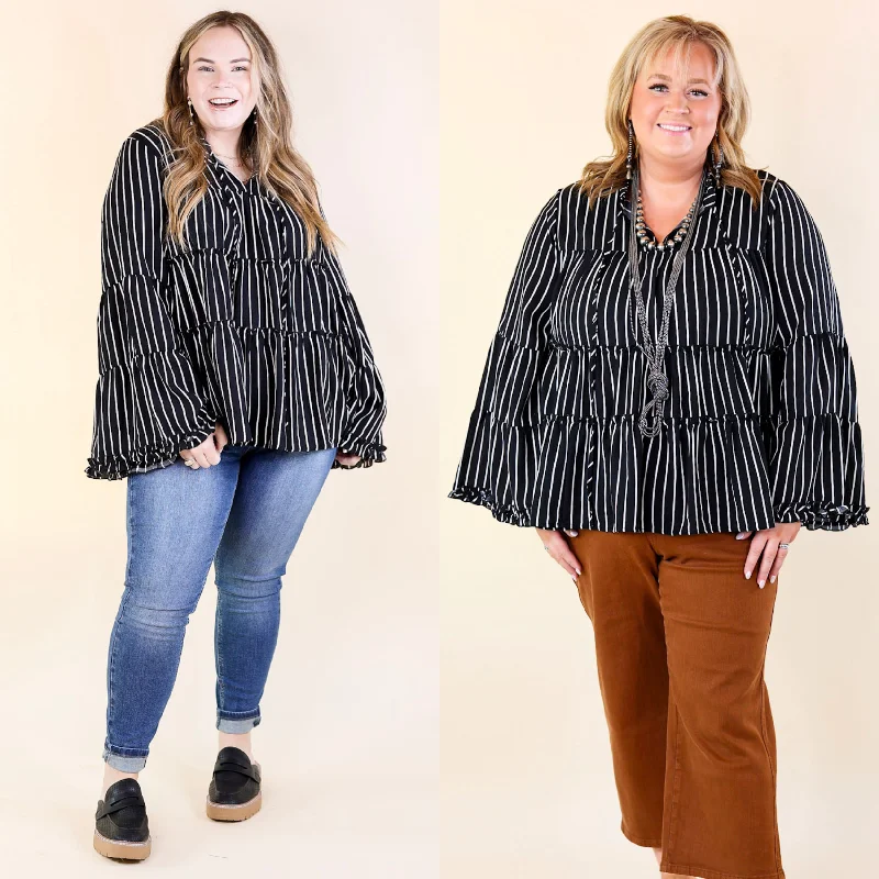 Impressive Touch Striped Bell Sleeve Tiered Blouse in Black