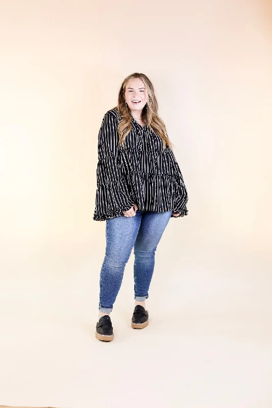 Impressive Touch Striped Bell Sleeve Tiered Blouse in Black