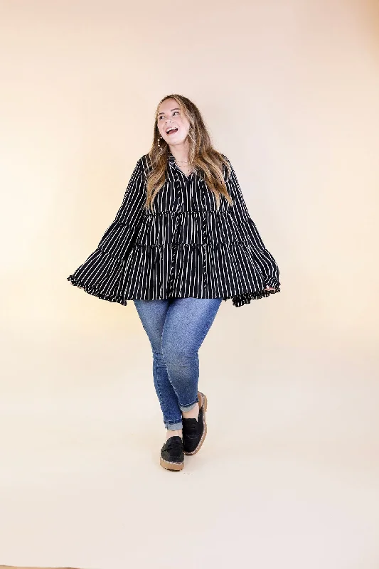 Impressive Touch Striped Bell Sleeve Tiered Blouse in Black