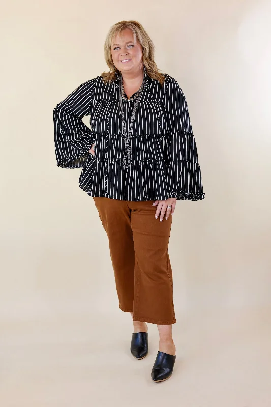 Impressive Touch Striped Bell Sleeve Tiered Blouse in Black