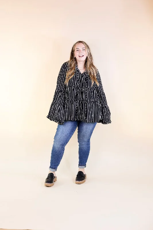 Impressive Touch Striped Bell Sleeve Tiered Blouse in Black