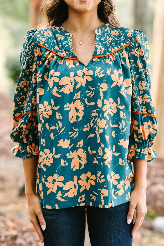 Just For Me Teal Green Floral Blouse