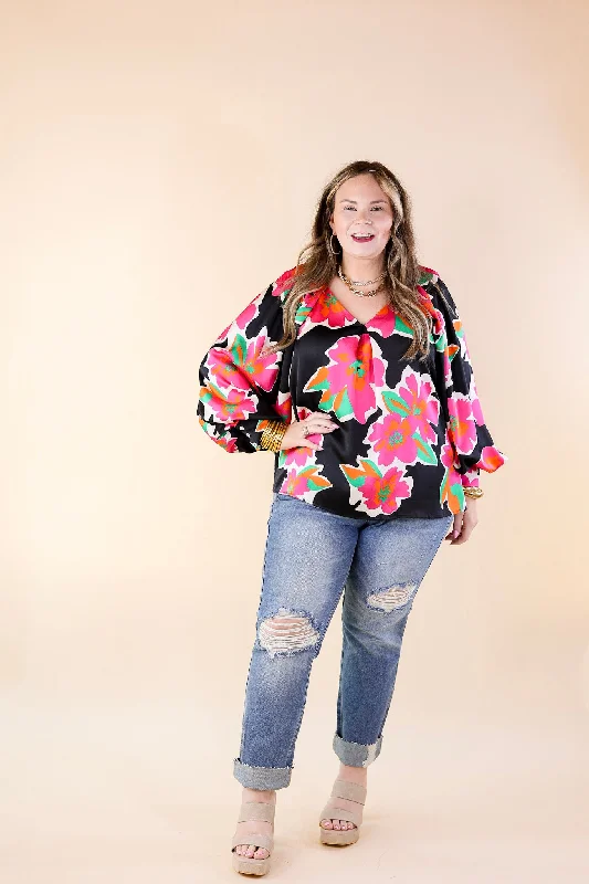 Peony Path Long Sleeve Floral Top with V Neckline in Black