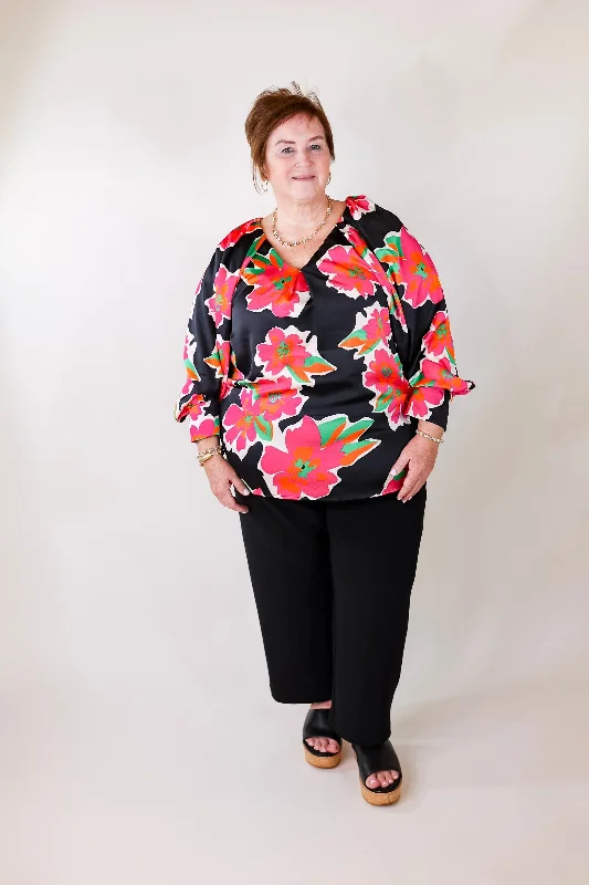 Peony Path Long Sleeve Floral Top with V Neckline in Black