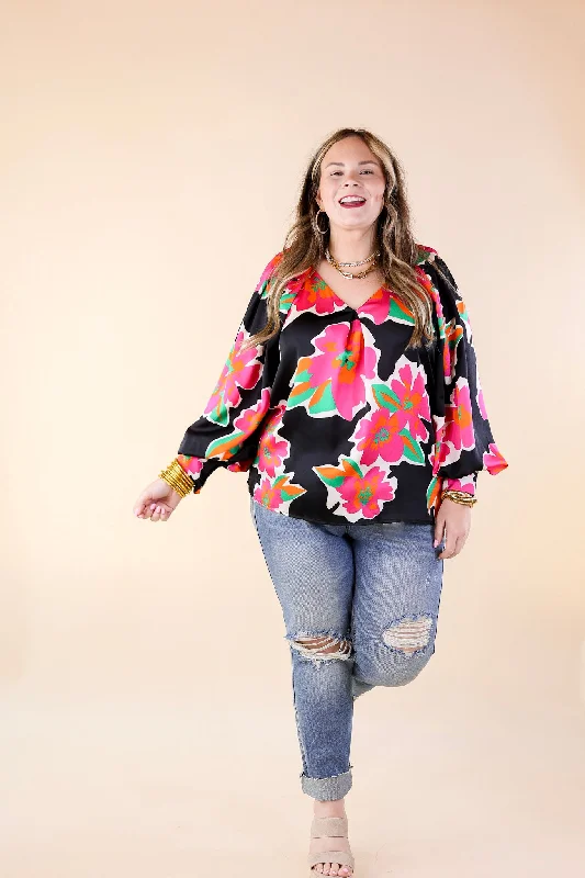 Peony Path Long Sleeve Floral Top with V Neckline in Black