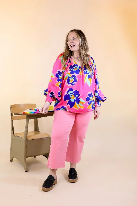 Peony Path Long Sleeve Floral Top with V Neckline in Pink