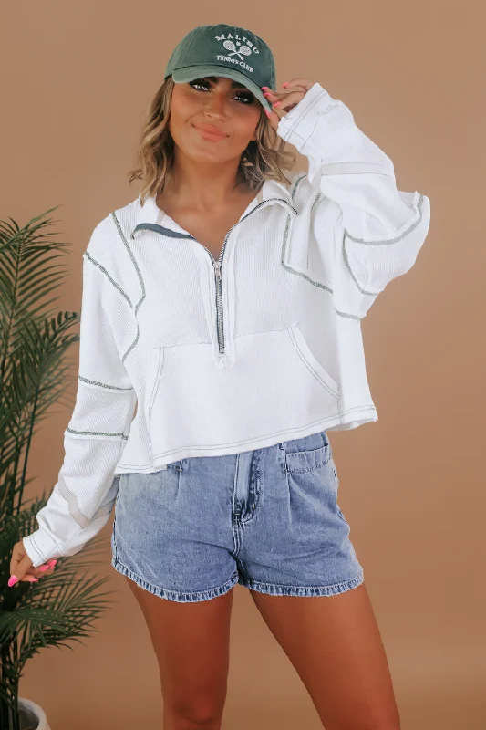 POL: Long Sleeve Knit Zip Top, White