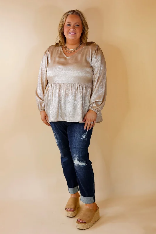 Popular Opinion Metallic V Neck Peplum Top with Long Sleeves in Champagne