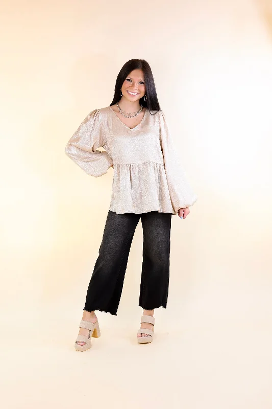 Popular Opinion Metallic V Neck Peplum Top with Long Sleeves in Champagne