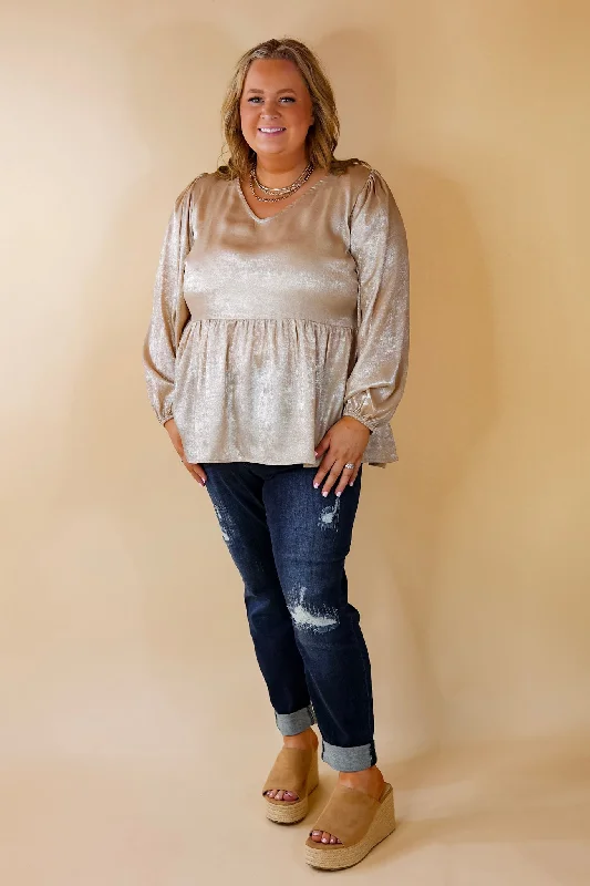 Popular Opinion Metallic V Neck Peplum Top with Long Sleeves in Champagne