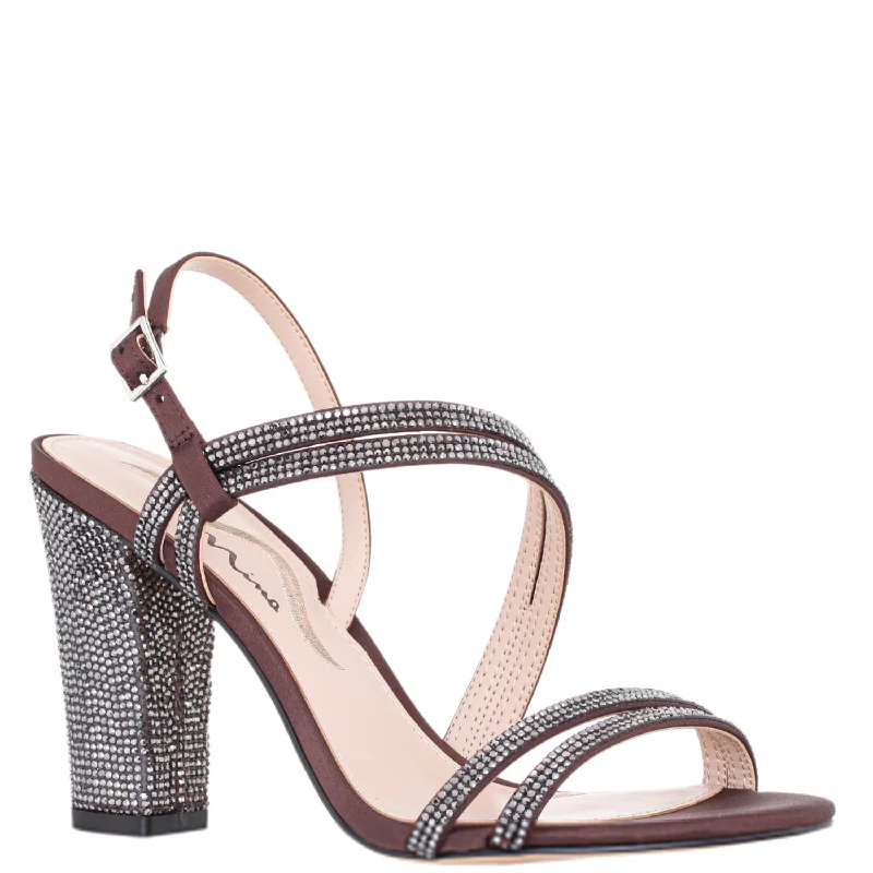 SABETHA-DARK CHOCOLATE  CRYSTAL BLOCK-HEEL DRESSY SANDAL 