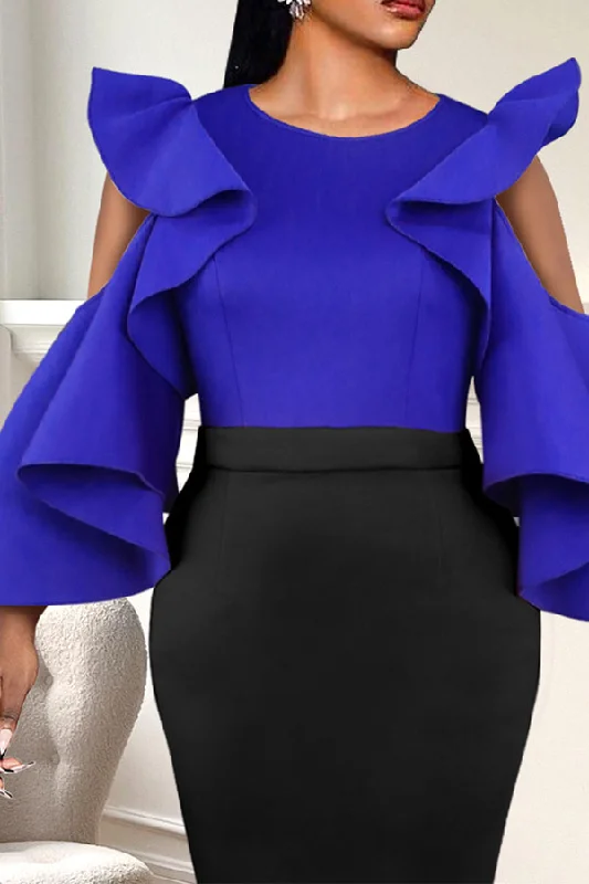 Solid Color Ruffle Dramatic Cold Shoulder Blouse