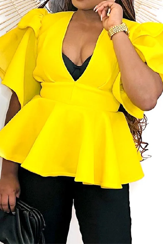 Solid Color Sweet Ruffle Peplum Blouse