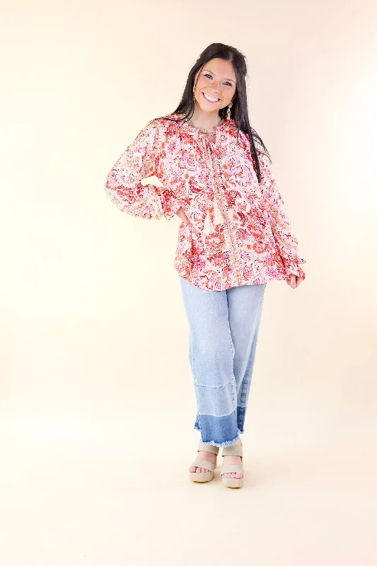 Paisley Delight Long Sleeve Floral Print Top with Embroidery in Ivory