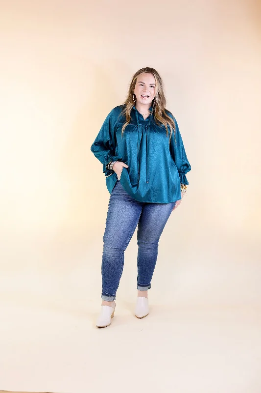 Sunset Situation Front Tie Keyhole Blouse in Teal Blue