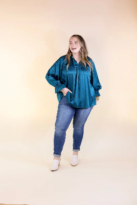 Sunset Situation Front Tie Keyhole Blouse in Teal Blue