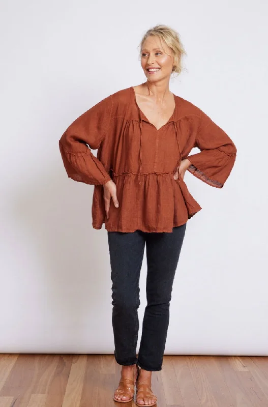 Nicole Tiered Linen Long Sleeve Top