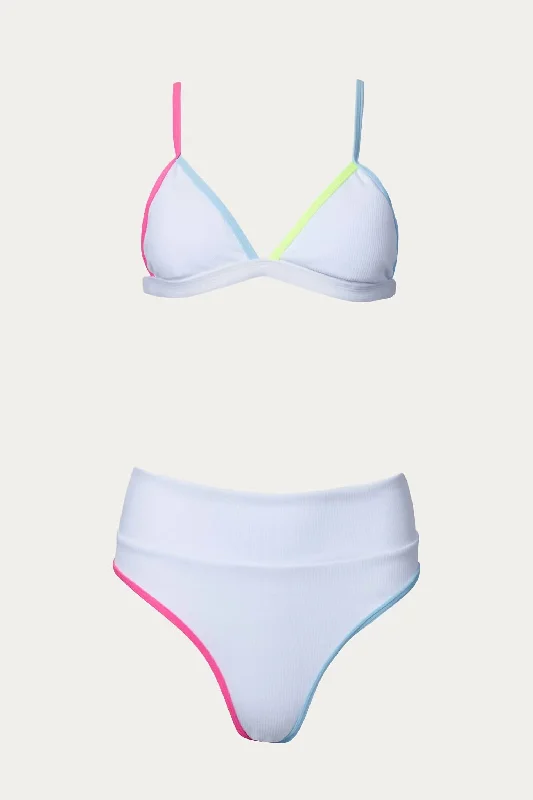 Color-Block Triangle High-Leg Bikini Set In White