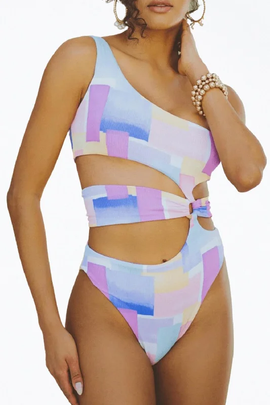 Gaia Retro Ribbed Cutout One-Piece Swimsuit In Pastel Shapes