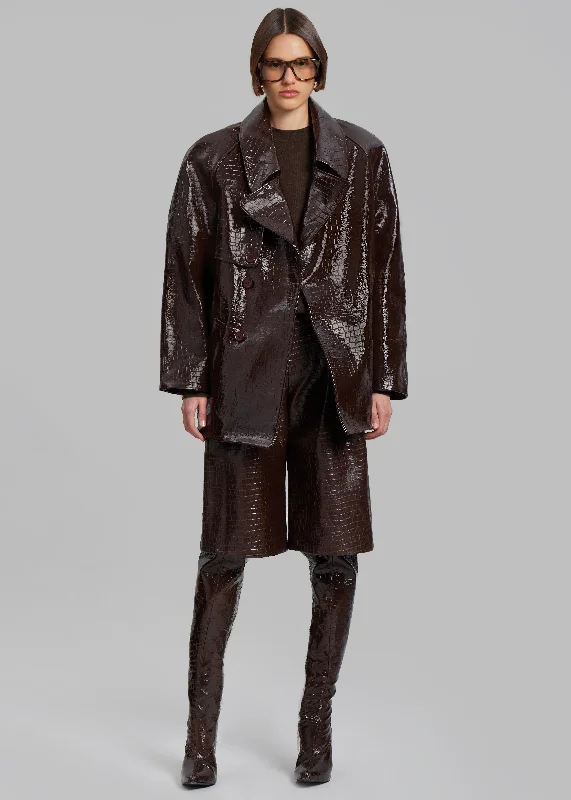 Jackie Croc-Effect Coat - Brown