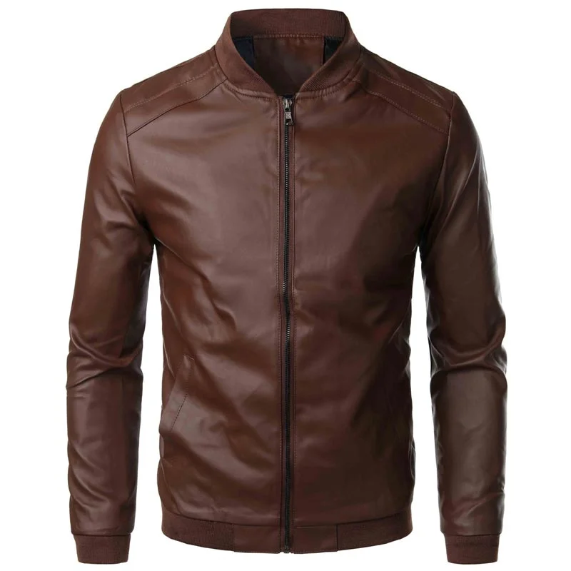 Men's Slim-fit Stand Collar PU Leather Jacket