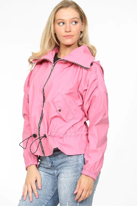 Pink Pu High Neck Hooded Festival Jacket - Julieta