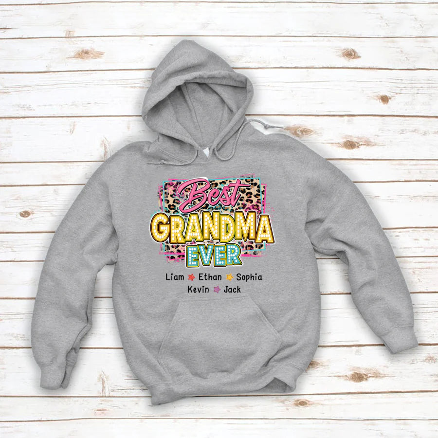 Best Grandma Ever Leopard Summer Kid Names Custom Hoodie