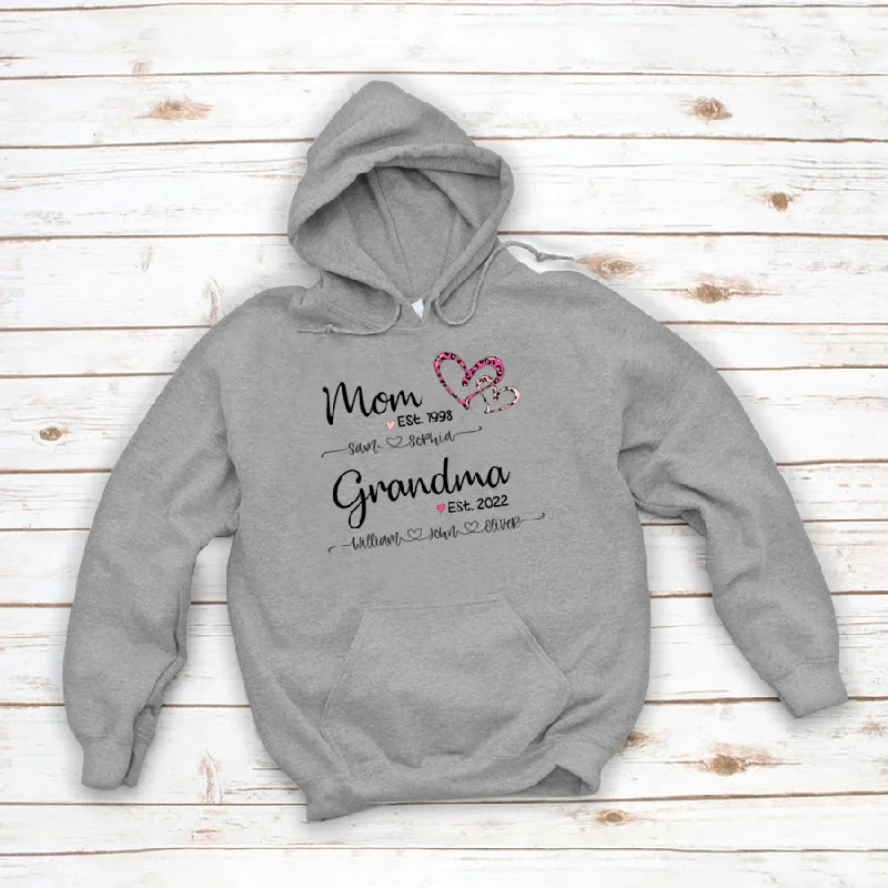 Mom Est Grandma Est And Kids Name Heart Pink Leopard Hoodie