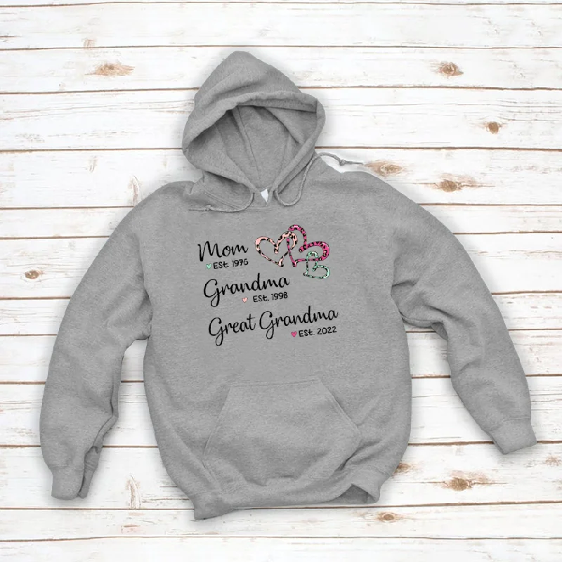 Mom Est Grandma Est Great Grandma Heart Leopard Hoodie